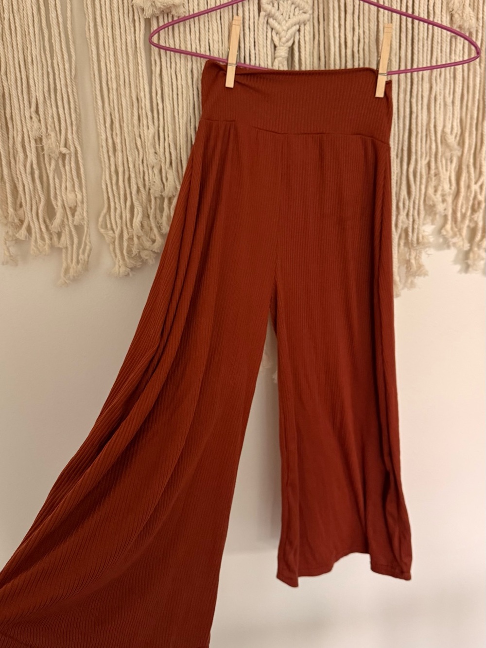 Rust Brown Ribbed Crop Wide Leg Pants